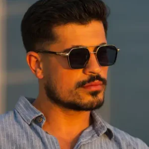 عینک آفتابی مردانه با فریم طلایی محافظ UV400 شیشه مشکی