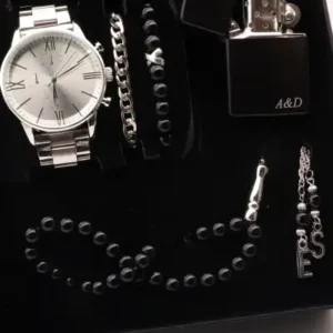 ست ساعت مردانه فلزی فندک خاص و دستبند و تسبیح