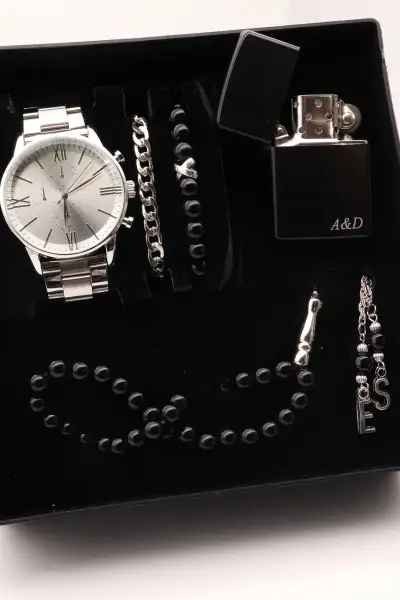 ست ساعت مردانه فلزی فندک خاص و دستبند و تسبیح