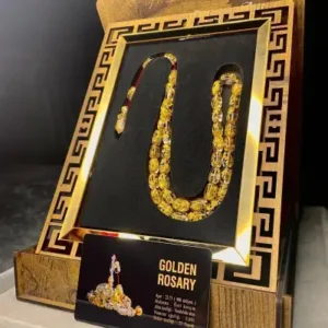 تسبیح طلای 24 عیار با ذرات طلایی و جعبه چوبی طراحی شده ویژه - 13333