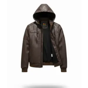 کت و کاپشن چرم مردانه برش تنگ با کلاه، قهوه‌ای و دارای بند کشی در کمر و ريبانی - 13262