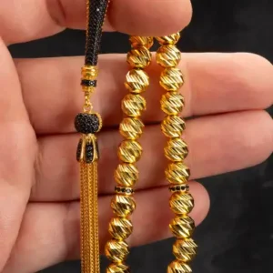 تسبیح نقره‌ای طلای 24 عیار روکش شده با گواهی، با اندازه دانه‌های 7.5 میلی‌متر و وزن 30 گرم، با برش کروی - 13336