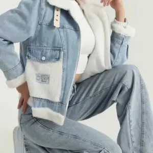 ژاکت جین با یقه زنانه و خز، زیپ دار و دارای جزئیات جیب - 13117