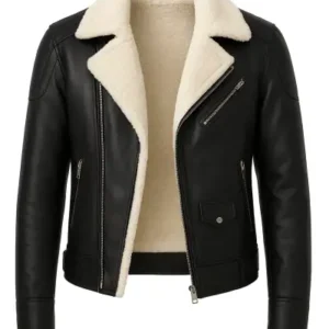 کاپشن و کت مردانه چرم Napa با زیپ متقاطع و داخل پر از پشم در کیفیت بالا، با طراحی باریک در رنگ سیاه و کرم - 13270