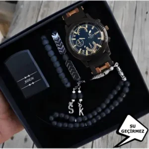 ست ساعت مچی مردانه ضد آب فندک تقویم دار تسبیح و دستبند