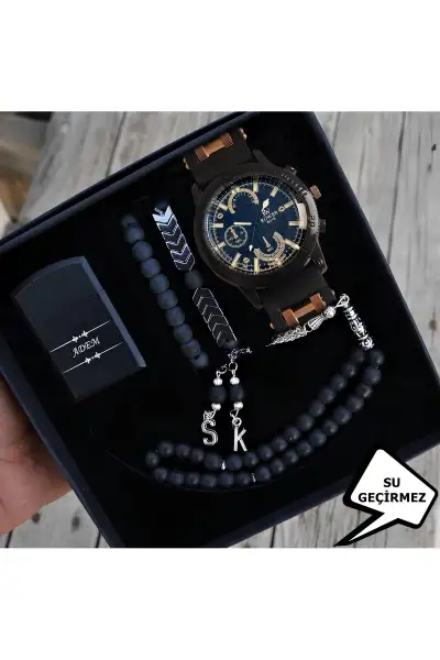 ست ساعت مچی مردانه ضد آب فندک تقویم دار تسبیح و دستبند