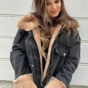 کت کتان مشکی زنانه با آستین‌های سایز بزرگ و داخل کاملاً خز قهوه‌ای - 13126