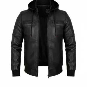 ژاکت و کاپشن چرم مشکی تنگ مردانه با کلاه و کمر الاستیک ریزبافت - 13258