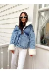 کوتاه ژاکت جین با طراحی جزئیات خز سفید داخل آبی - 13113