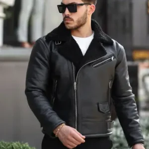 کاپشن چرمی مردانه با زیپ عرضی و داخل پشمی، با کیفیت عالی و طراحی اسلیم فیت، رنگ مشکی. - 13268