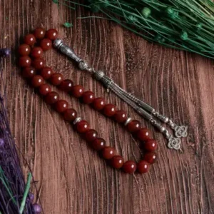 تسبیح متال امامیه با دانه‌های سنگ طبیعی عقیق قرمز (۸ میلی‌متر) و گواهی اصل - 13527