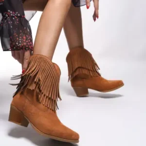 کفش چرم زنانه وسترن با فرازهای آویز دار مدل 0012710 رنگ قهوه‌ای سوته - 13158