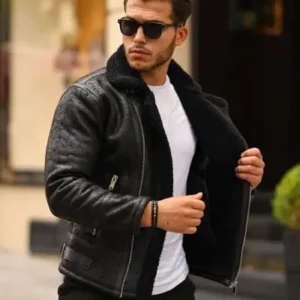 کت و کاپشن چرم ناپا مردانه با داخل پُر از خز با کیفیت بالا و طراحی اسلیم فیت مشکی - 13269