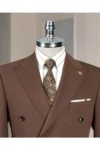 ست کت و شلوار قهوه‌ای با طراحی ایتالیایی و کراوزه T14084 - 13355