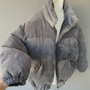 ژاکت پفی یقه بالاک دار مخملی راه‌راه خاکستری - 13129