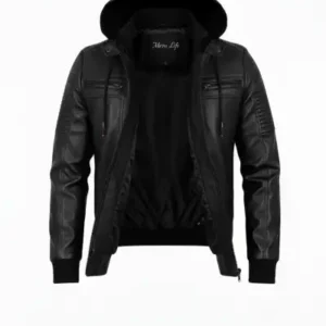 ژاکت و کاپشن چرم مشکی تنگ مردانه با کلاه و کمر الاستیک ریزبافت - 13258