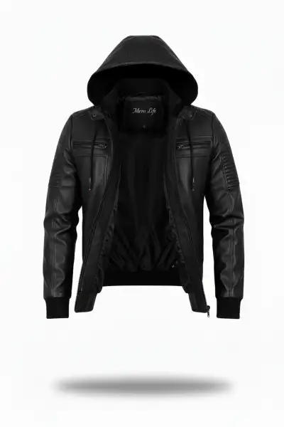 ژاکت و کاپشن چرم مشکی تنگ مردانه با کلاه و کمر الاستیک ریزبافت - 13258 ژاکت و کاپشن چرم مشکی تنگ مردانه با کلاه و کمر الاستیک ریزبافت - 13258