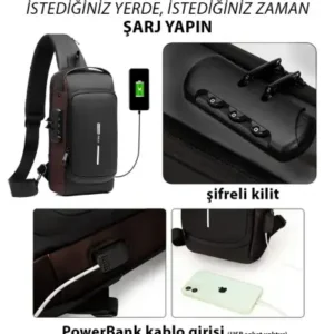 کیف دوشی و کمری مردانه با خروجی USB - قهوه‌ای - 13638