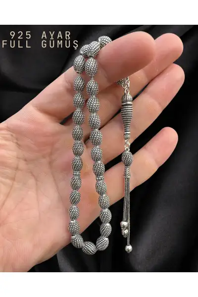 تسبیح با کار دست مدل دانه جو دوسر از نقره 925 عیار - 13530