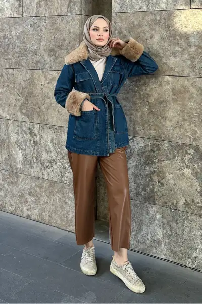 کت جین پشمی - سورمه‌ای - 13114