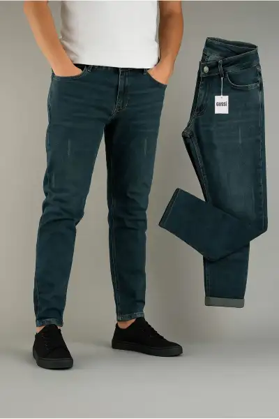 شلوار جین کشی مردانه با تناژ سبز واسلیم فیت اورجینال ترک