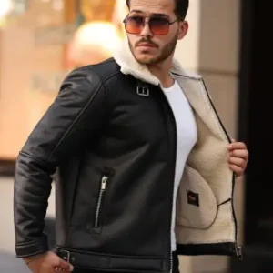 کت و ژاکت نیمه‌چرم ناپا مردانه با داخل پُر از خز با کیفیت بالا و مدل باریک در رنگ سیاه و کرم - 13265