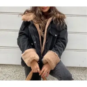 کت کتان مشکی زنانه با آستین‌های سایز بزرگ و داخل کاملاً خز قهوه‌ای - 13126