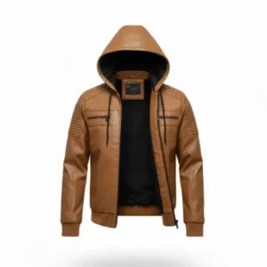 کت و ژاکت چرمی مردانه با برش تنگ، کاپشن هودی و کمربند کشی ریبانا - 13256