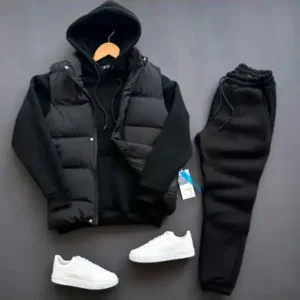 ست سویشرت و شلوار 3 تکه مردانه با جلیقه بادی با پارچه نرم و پفی